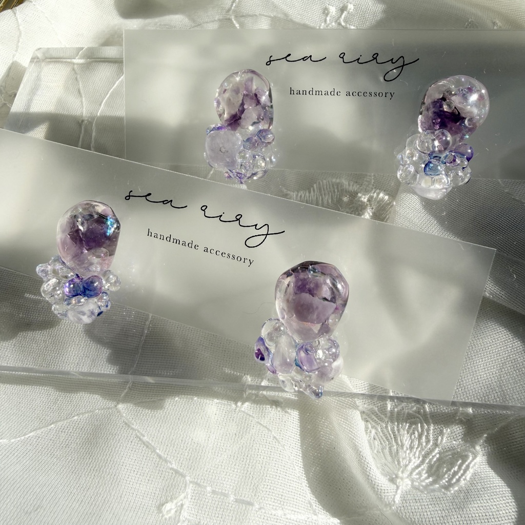 no.293 再販 アメジストの鉱石ピアス パープル アメジスト クリア チェコビーズ サージカルステンレスピアス