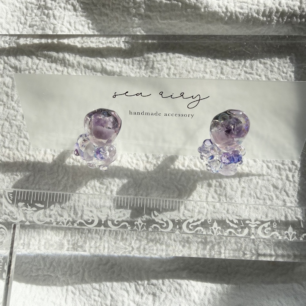 no.293 再販 アメジストの鉱石ピアス パープル アメジスト クリア チェコビーズ サージカルステンレスピアス