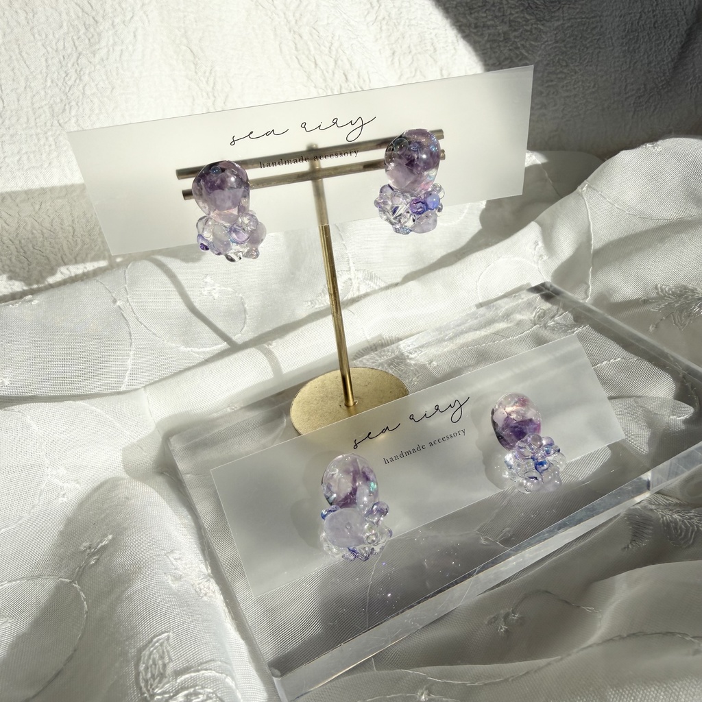 no.293 再販 アメジストの鉱石ピアス パープル アメジスト クリア チェコビーズ サージカルステンレスピアス