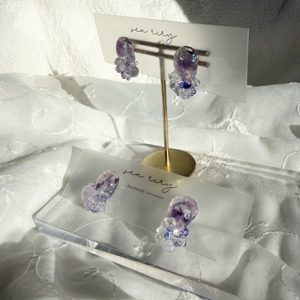 no.293 再販 アメジストの鉱石ピアス パープル アメジスト クリア チェコビーズ サージカルステンレスピアス