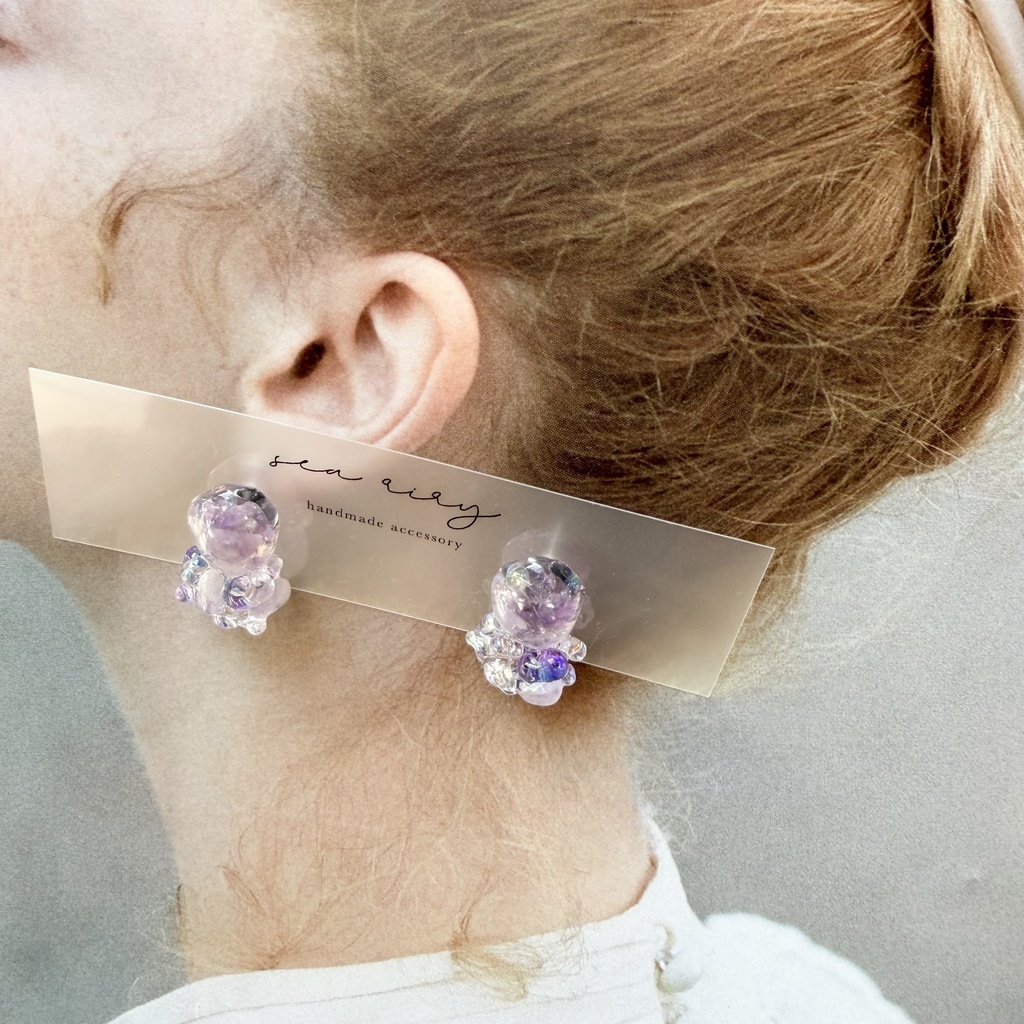 no.293 再販 アメジストの鉱石ピアス パープル アメジスト クリア チェコビーズ サージカルステンレスピアス