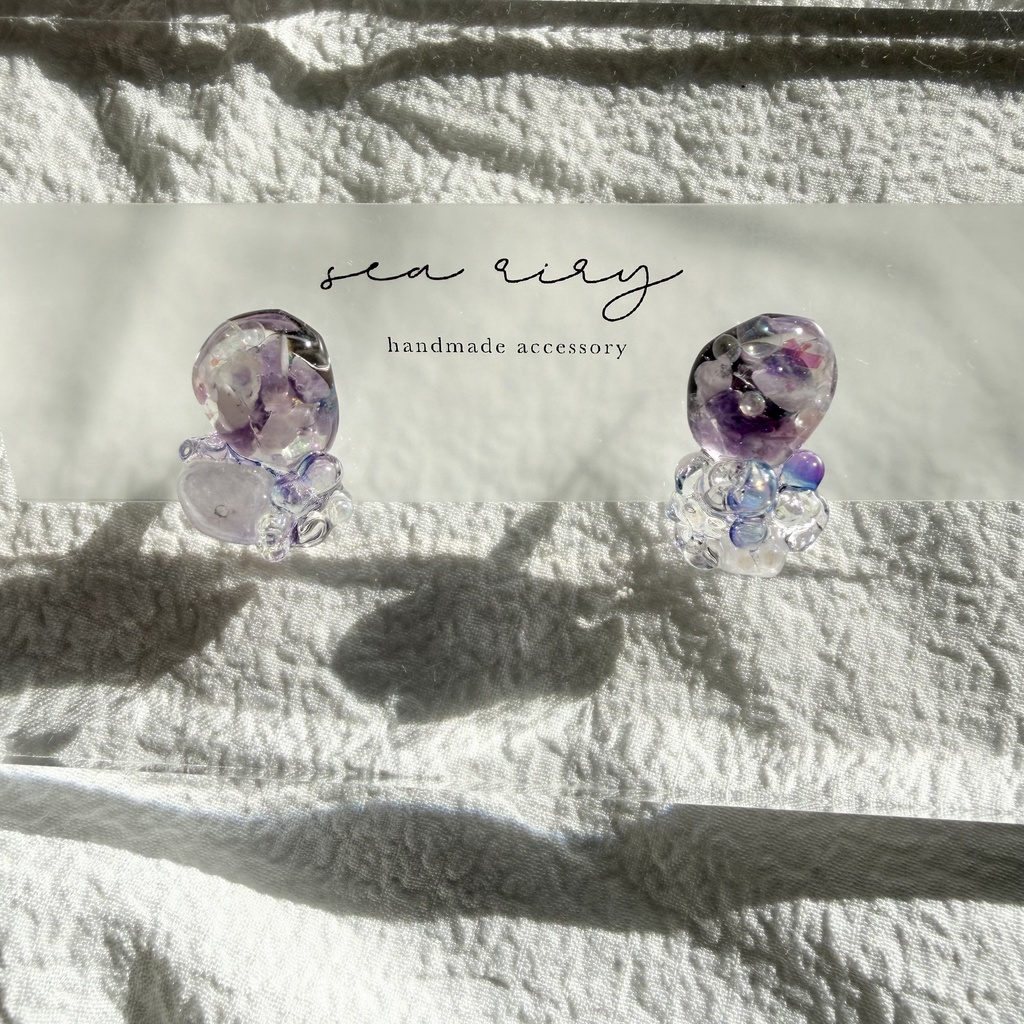 no.293 再販 アメジストの鉱石ピアス パープル アメジスト クリア チェコビーズ サージカルステンレスピアス