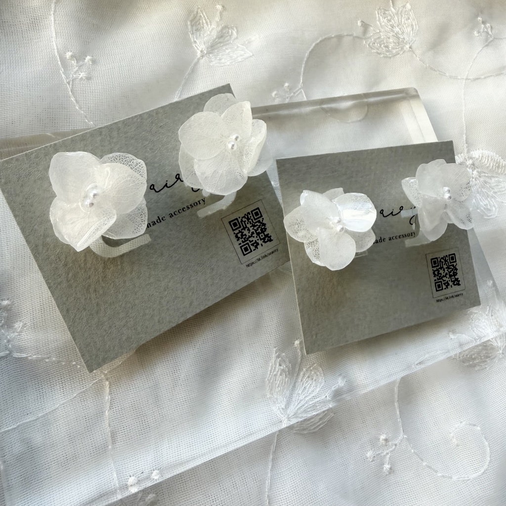 no.296 再販 小さなお花のノンホールピアス 樹脂 ホワイトアナベル パール 紫陽花 アジサイ ホワイト