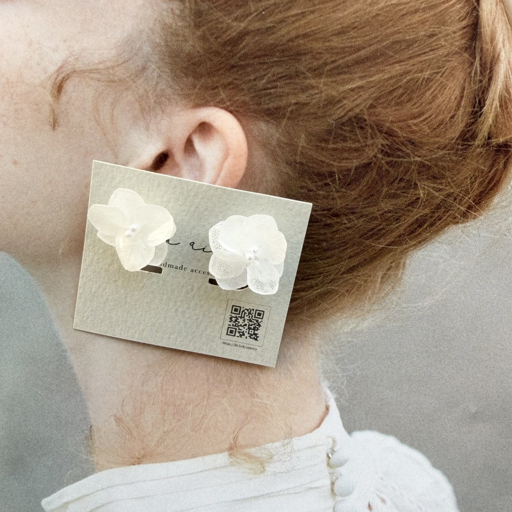 no.296 再販 小さなお花のノンホールピアス 樹脂 ホワイトアナベル パール 紫陽花 アジサイ ホワイト