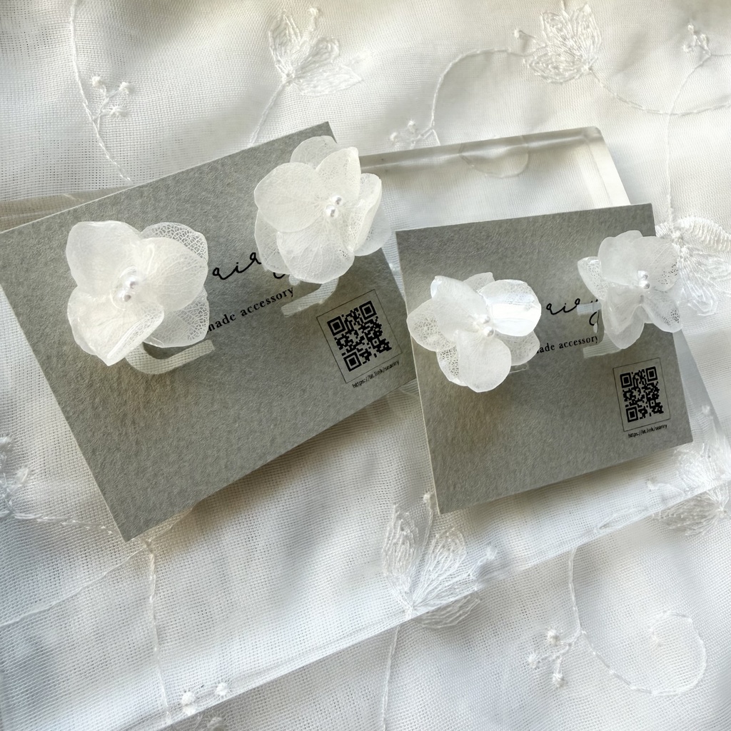 no.296 再販 小さなお花のノンホールピアス 樹脂 ホワイトアナベル パール 紫陽花 アジサイ ホワイト