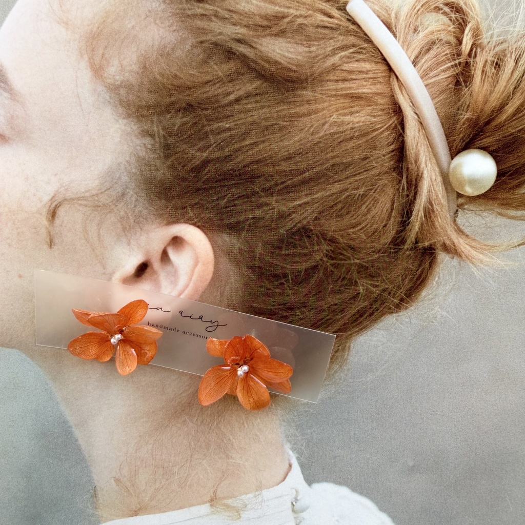 no.297 再販 ブリックオレンジの紫陽花ピアス オレンジ 本物のお花 アジサイ パール ステンレス ピアス