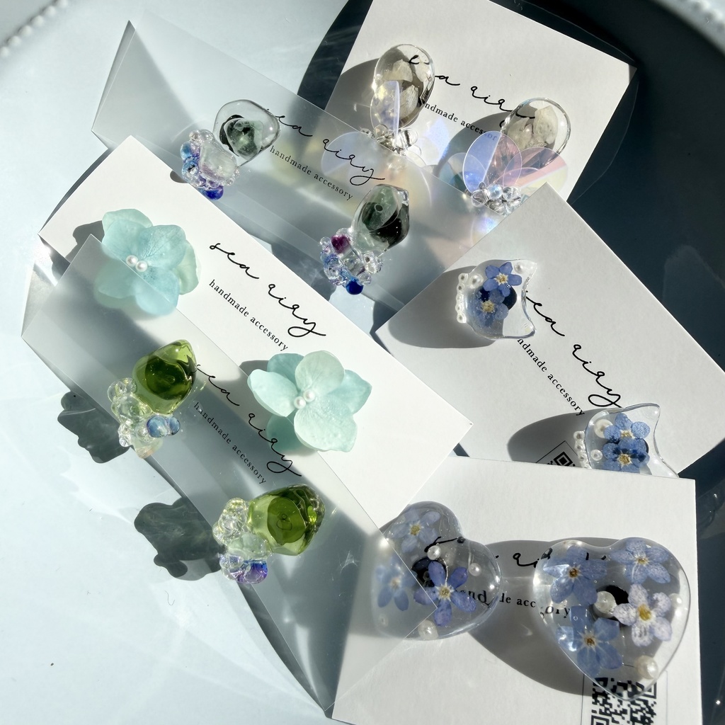 限定セット ピアス セット レジンアクセサリー 天然石 フラワー 勿忘草 ねこ 紫陽花 ハンドメイドピアス