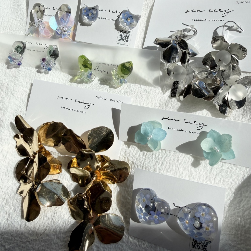 限定セット  ピアス セット  レジンアクセサリー  天然石  フラワー  勿忘草   ねこ  紫陽花  ハンドメイドピアス 