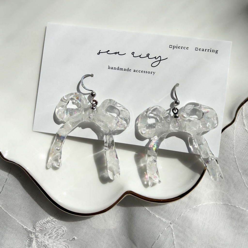 no.302 紫陽花とパールのリボンピアス アジサイ パール ribbon サージカルステンレス フックピアス