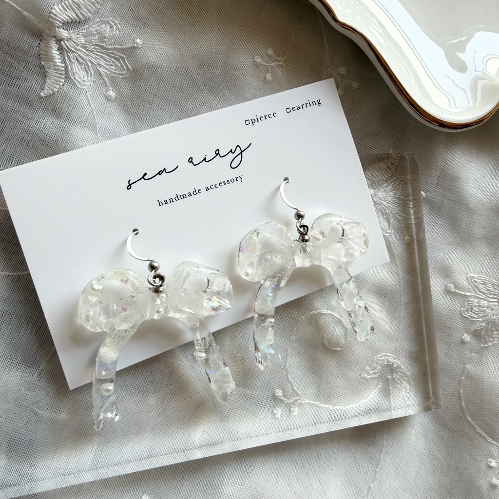 no.302 紫陽花とパールのリボンピアス アジサイ パール ribbon サージカルステンレス フックピアス