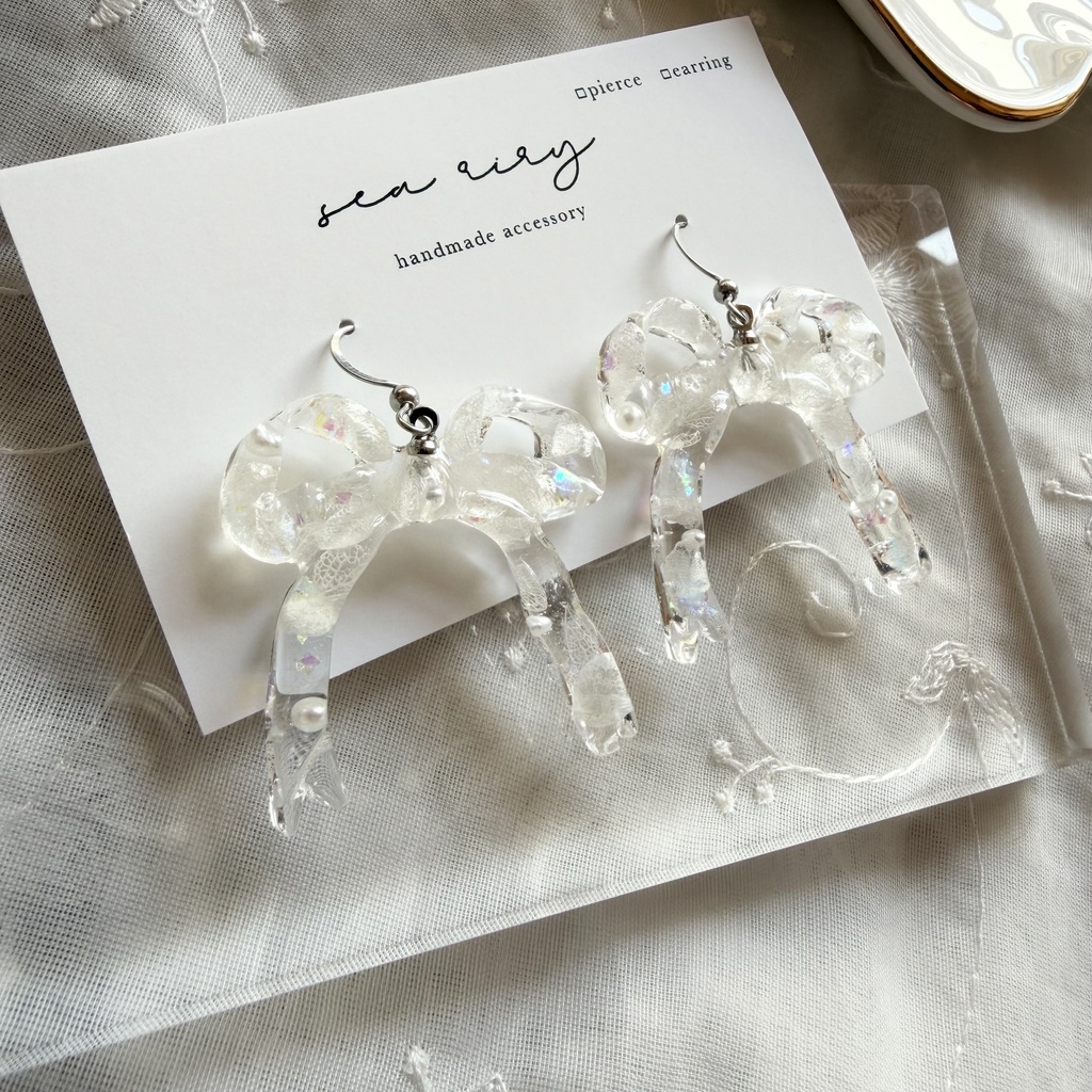 no.302  紫陽花とパールのリボンピアス アジサイ パール ribbon サージカルステンレス フックピアス