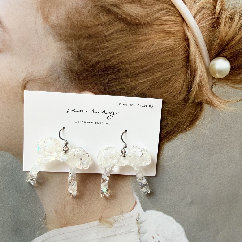 no.302 紫陽花とパールのリボンピアス アジサイ パール ribbon サージカルステンレス フックピアス