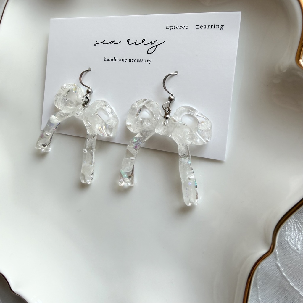 no.302 紫陽花とパールのリボンピアス アジサイ パール ribbon サージカルステンレス フックピアス