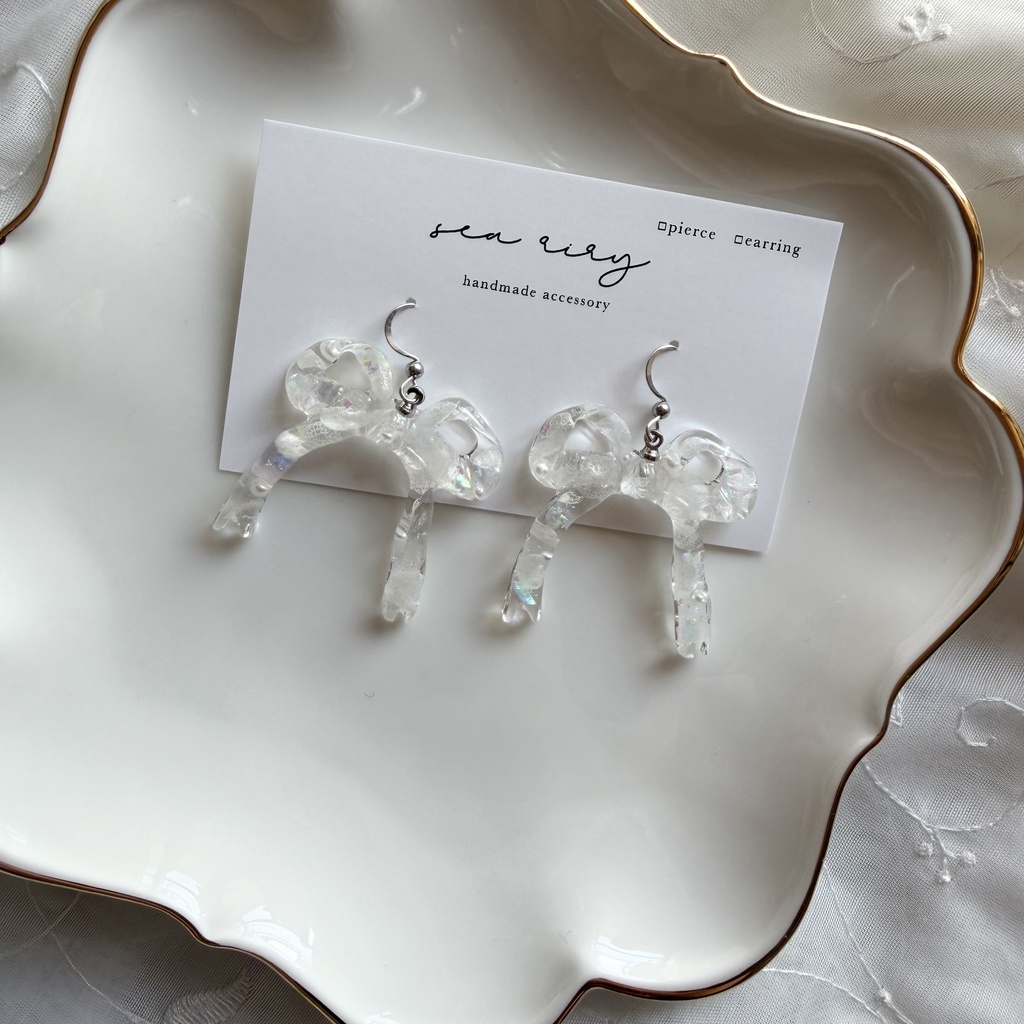 no.302 紫陽花とパールのリボンピアス アジサイ パール ribbon サージカルステンレス フックピアス