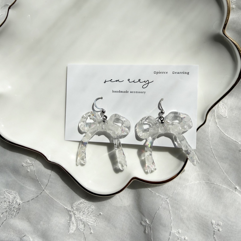 no.302 紫陽花とパールのリボンピアス アジサイ パール ribbon サージカルステンレス フックピアス