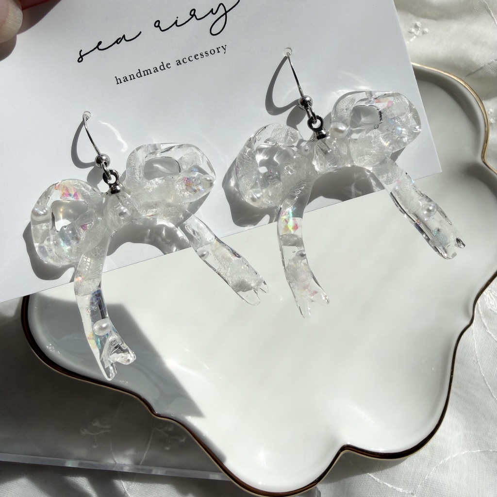 no.302 紫陽花とパールのリボンピアス アジサイ パール ribbon サージカルステンレス フックピアス