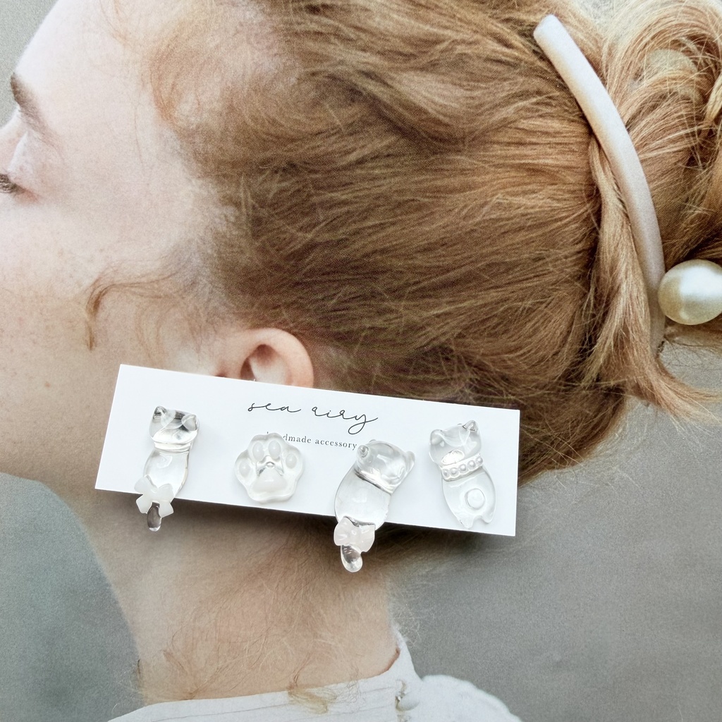 no.305 おめかしねこちゃんのピアスセット 猫 ネコ リボン パール サージカルステンレス ピアス