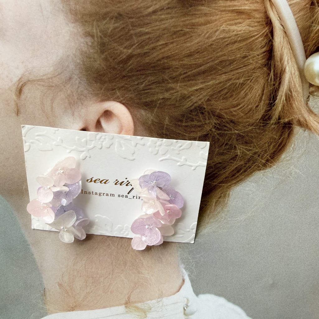 no.307 紫陽花連なるピアス 本物のお花 パステルライラックmix 紫陽花 パール サージカルステンレス ピアス