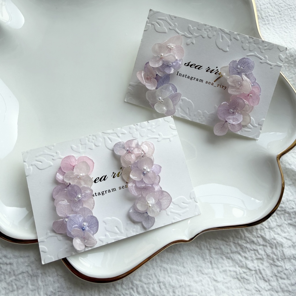 no.307 紫陽花連なるピアス 本物のお花 パステルライラックmix 紫陽花 パール サージカルステンレス ピアス