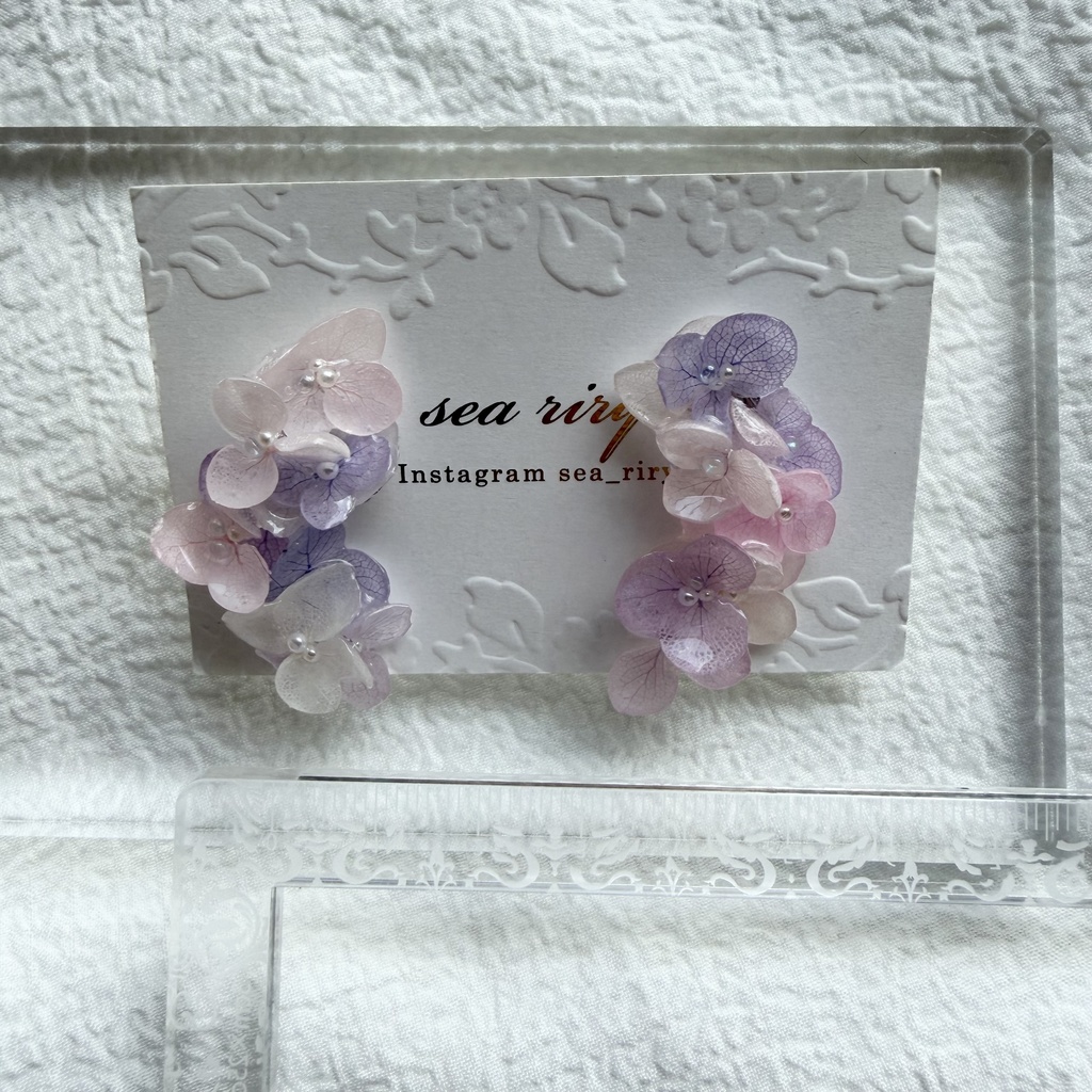 no.307 紫陽花連なるピアス 本物のお花 パステルライラックmix 紫陽花 パール サージカルステンレス ピアス