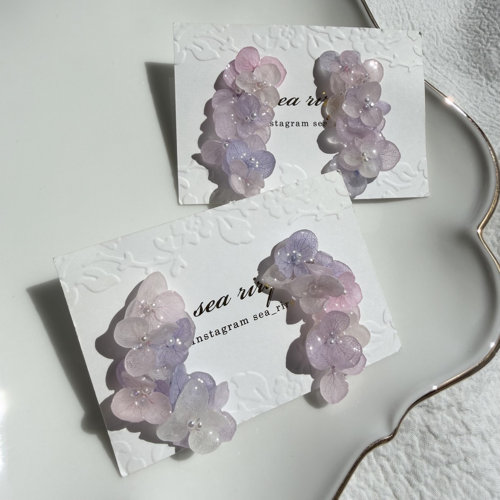 no.307 紫陽花連なるピアス 本物のお花 パステルライラックmix 紫陽花 パール サージカルステンレス ピアス