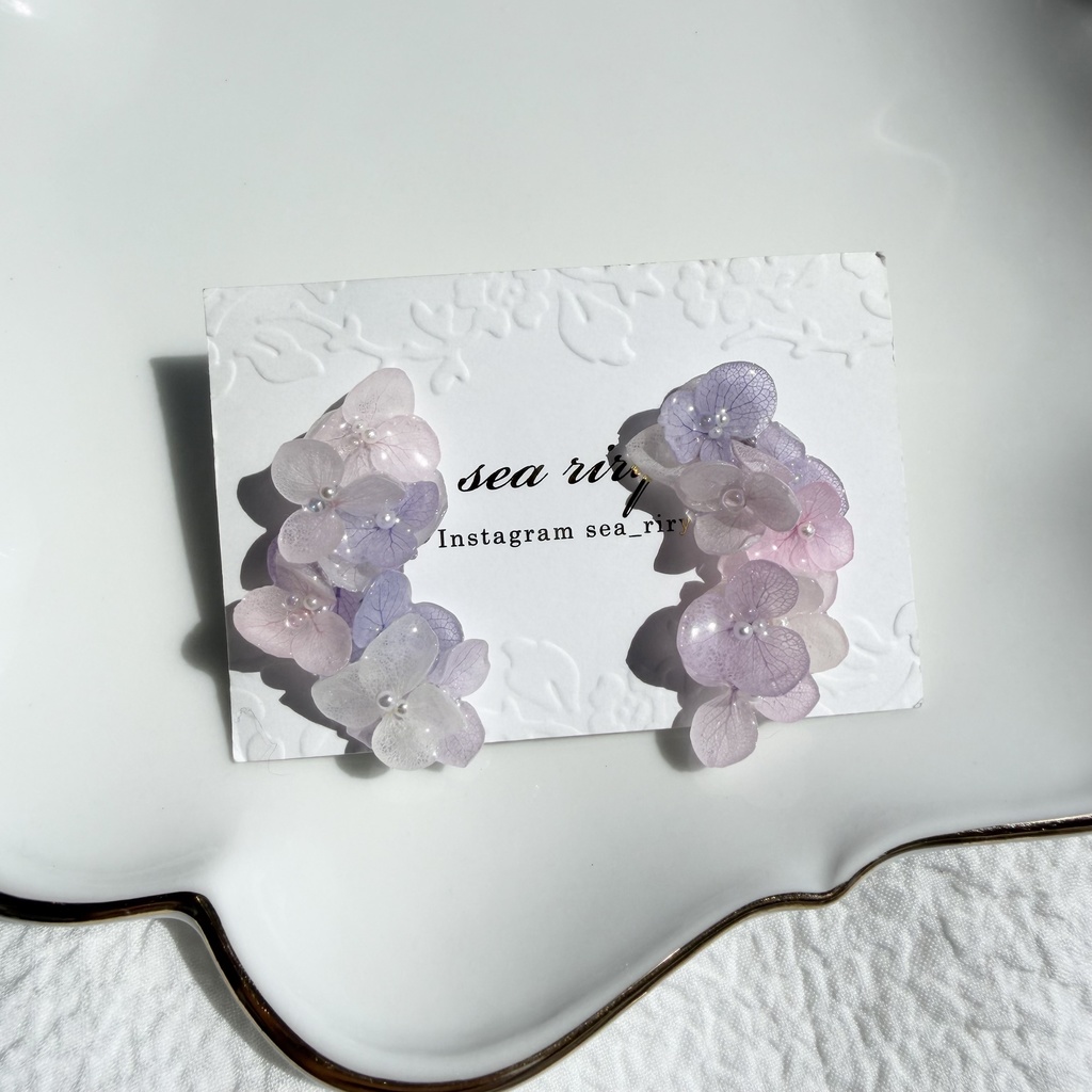 no.307 紫陽花連なるピアス 本物のお花 パステルライラックmix 紫陽花 パール サージカルステンレス ピアス
