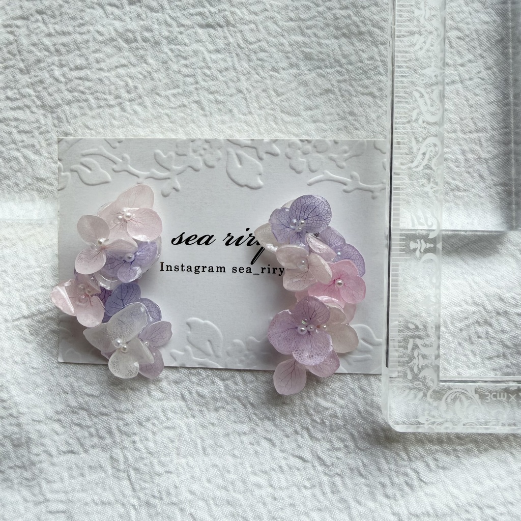 no.307 紫陽花連なるピアス 本物のお花 パステルライラックmix 紫陽花 パール サージカルステンレス ピアス