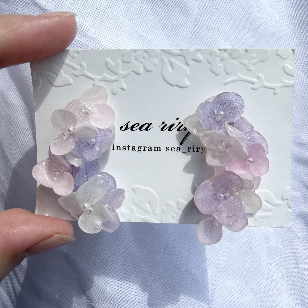 no.307 紫陽花連なるピアス 本物のお花 パステルライラックmix 紫陽花 パール サージカルステンレス ピアス