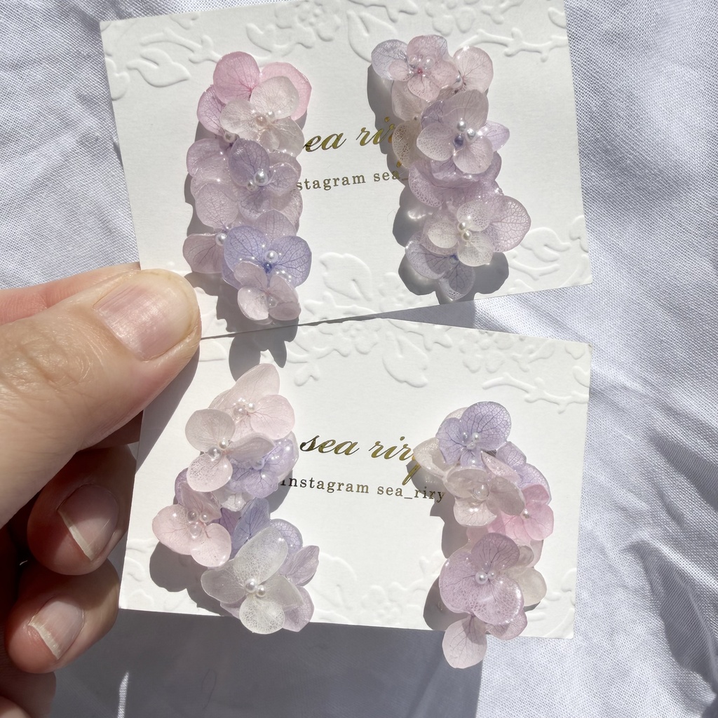 no.307 紫陽花連なるピアス 本物のお花 パステルライラックmix 紫陽花 パール サージカルステンレス ピアス