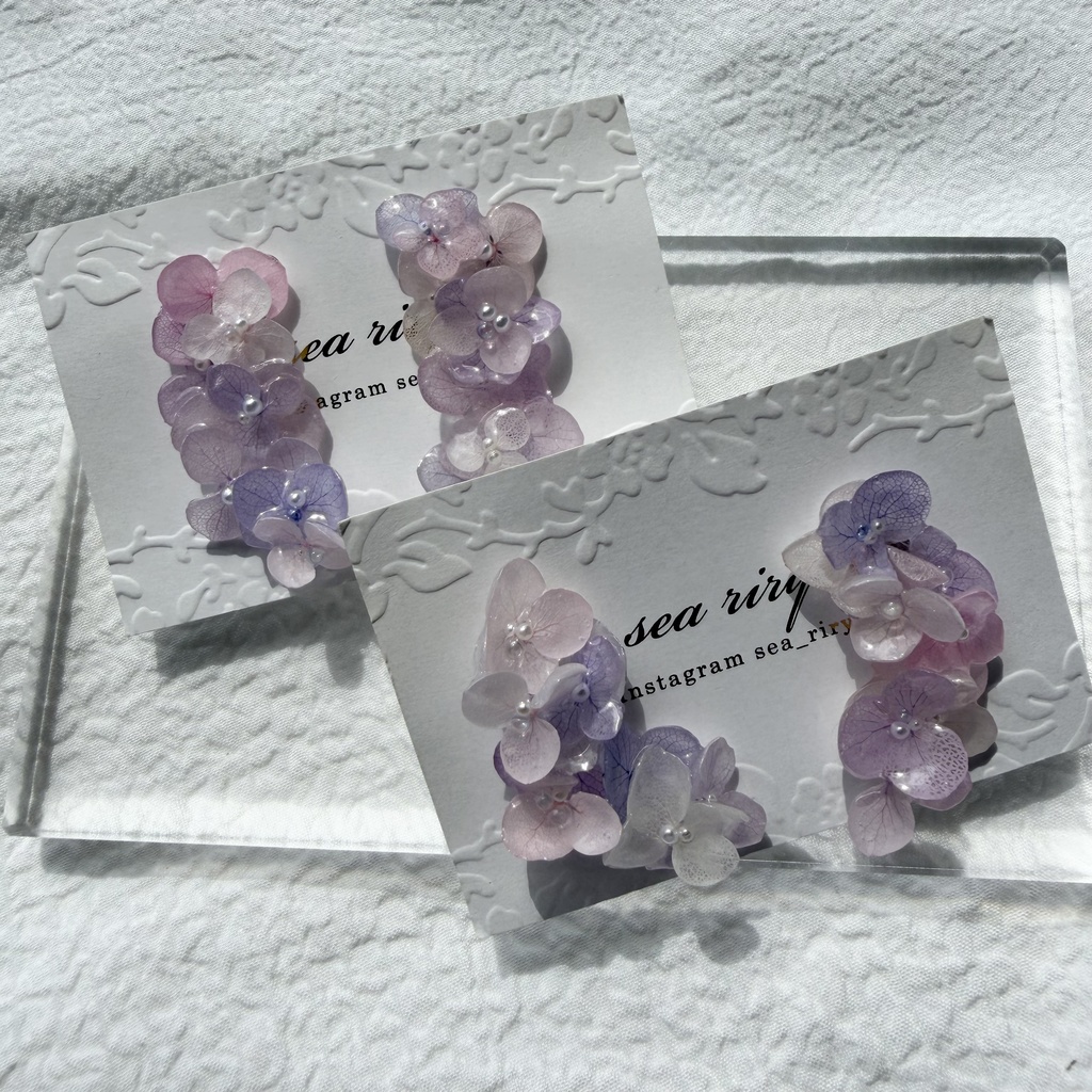 no.307 紫陽花連なるピアス 本物のお花 パステルライラックmix 紫陽花 パール サージカルステンレス ピアス