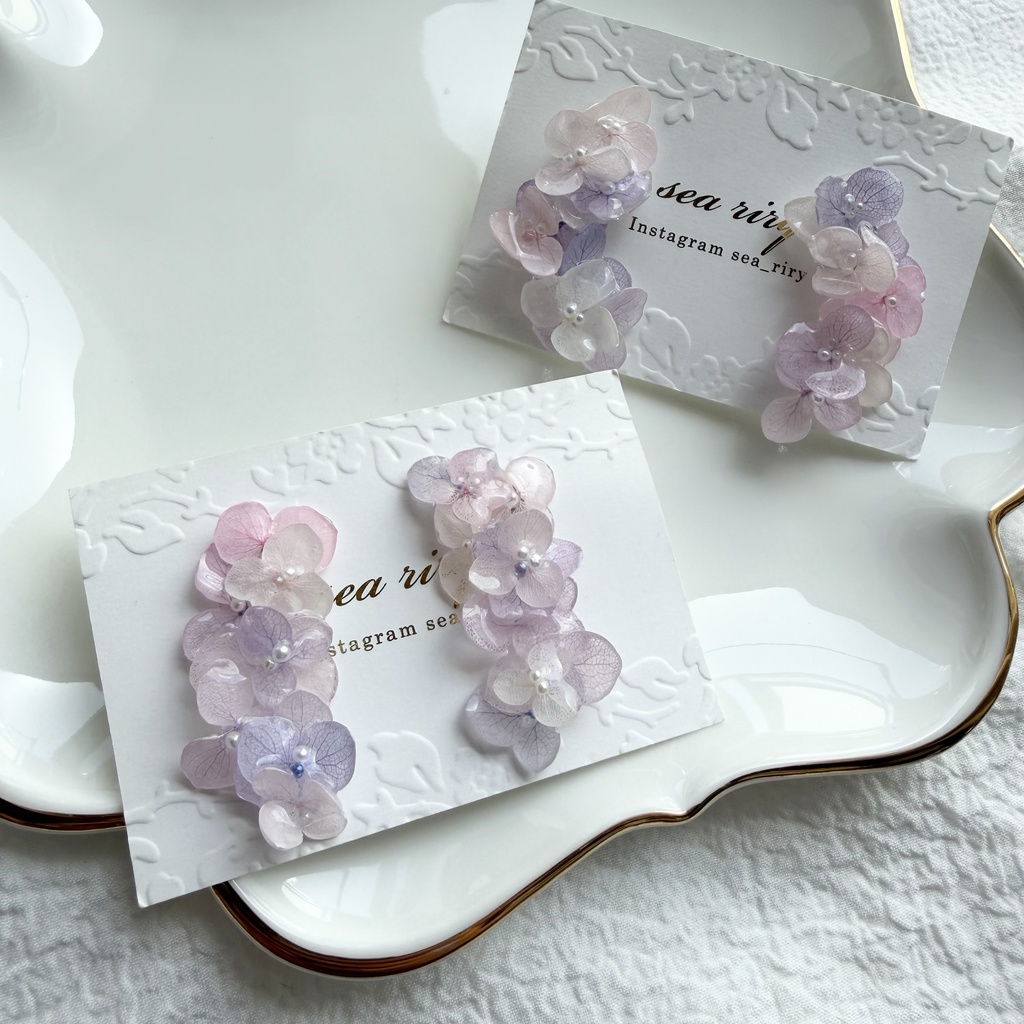 no.307 紫陽花連なるピアス 本物のお花 パステルライラックmix 紫陽花 パール サージカルステンレス ピアス