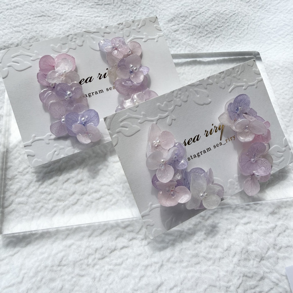 no.307 紫陽花連なるピアス 本物のお花 パステルライラックmix 紫陽花 パール サージカルステンレス ピアス