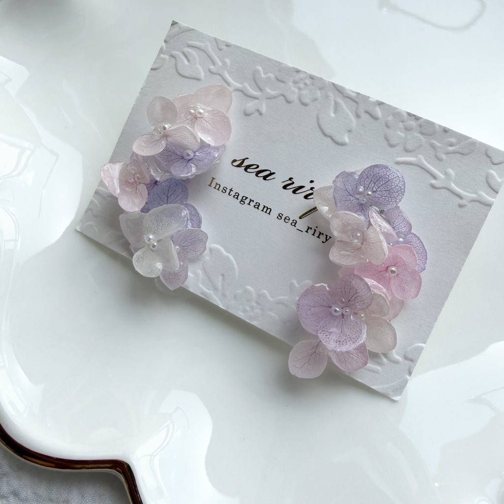 no.307 紫陽花連なるピアス 本物のお花 パステルライラックmix 紫陽花 パール サージカルステンレス ピアス