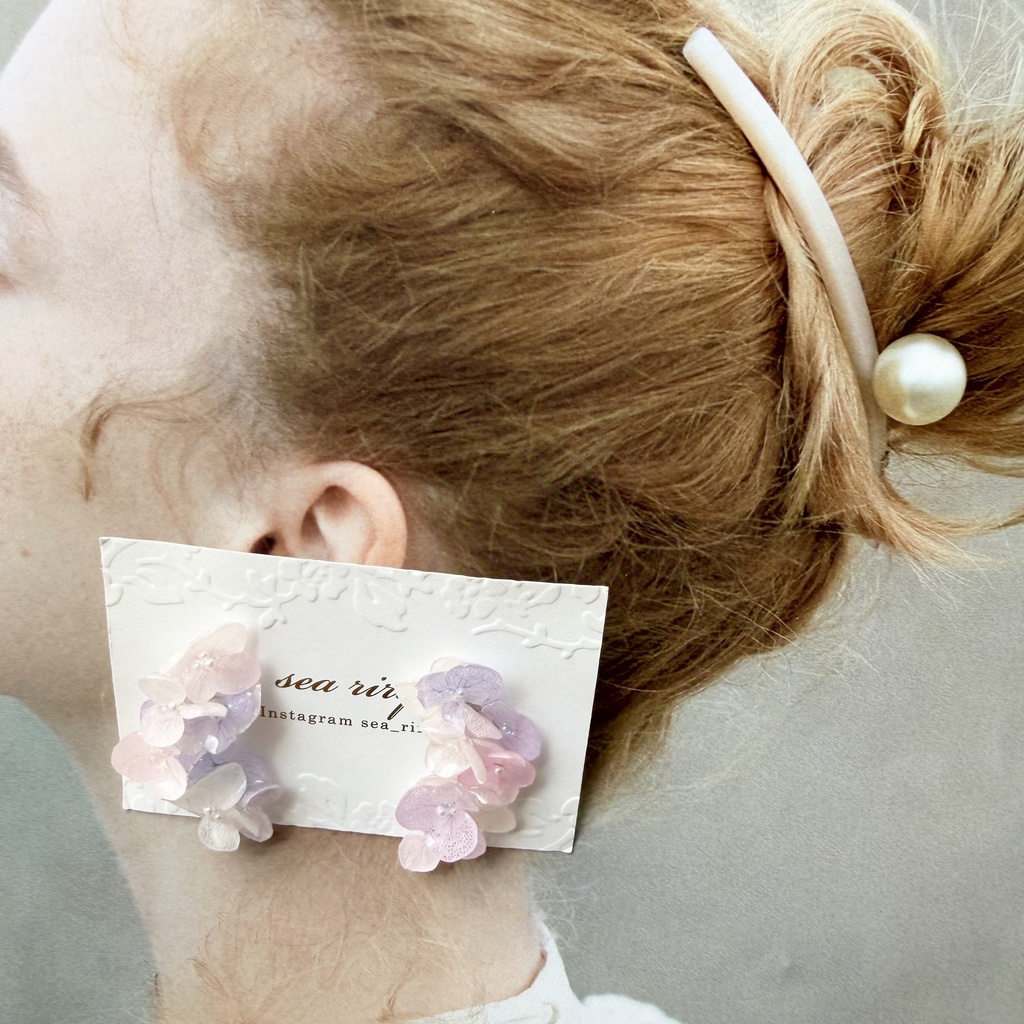 no.307 紫陽花連なるピアス 本物のお花 パステルライラックmix 紫陽花 パール サージカルステンレス ピアス