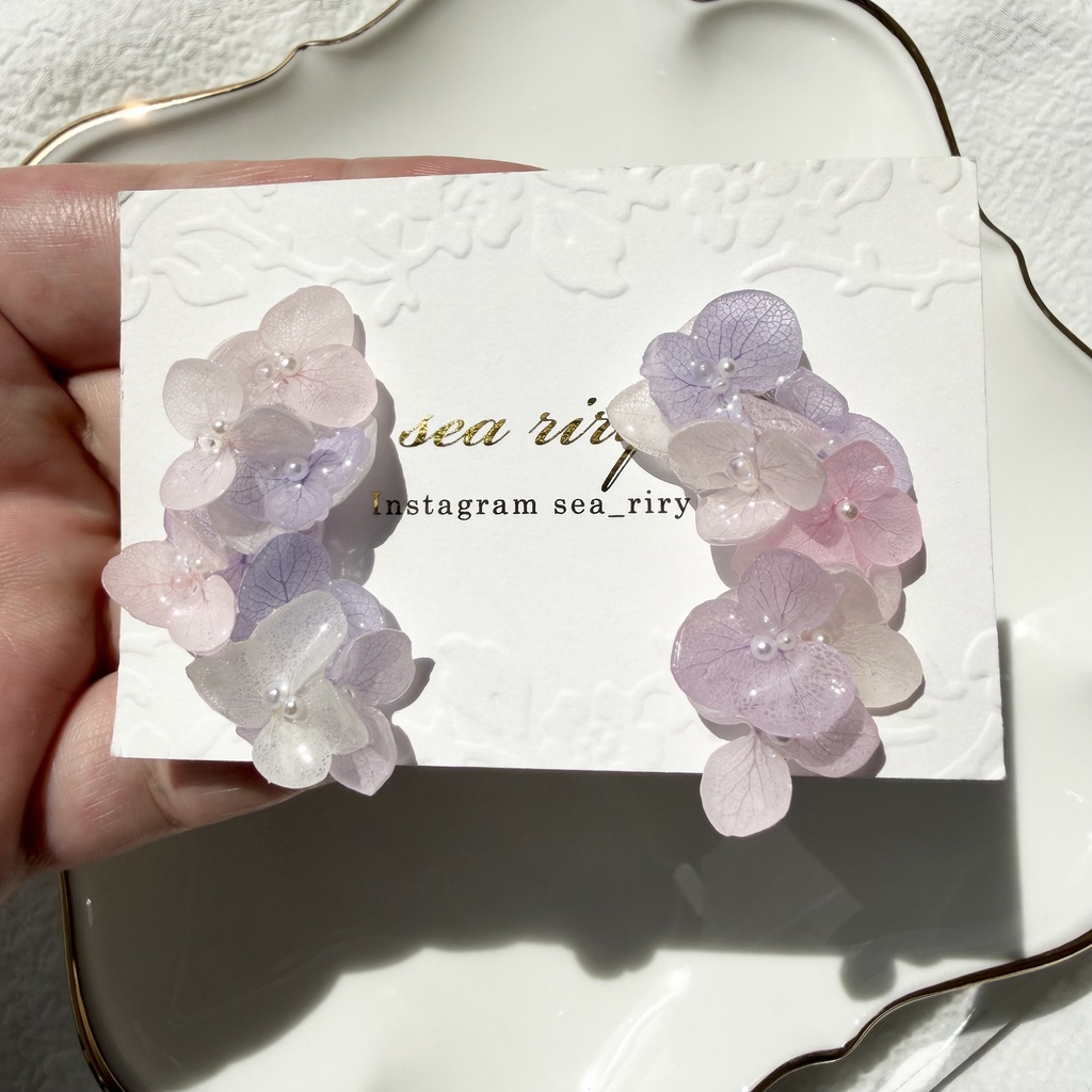 no.307 紫陽花連なるピアス 本物のお花 パステルライラックmix 紫陽花 パール サージカルステンレス ピアス