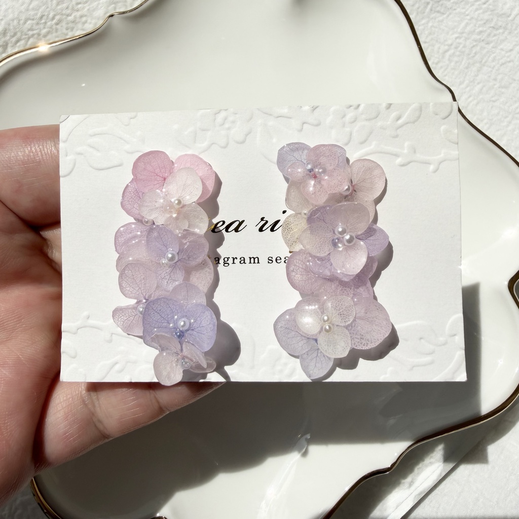 no.308 紫陽花連なるピアス 本物のお花 パステルライラックmix 紫陽花 パール サージカルステンレス ピアス