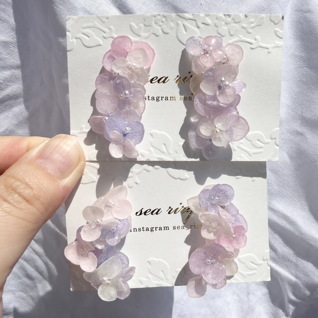 no.308 紫陽花連なるピアス 本物のお花 パステルライラックmix 紫陽花 パール サージカルステンレス ピアス