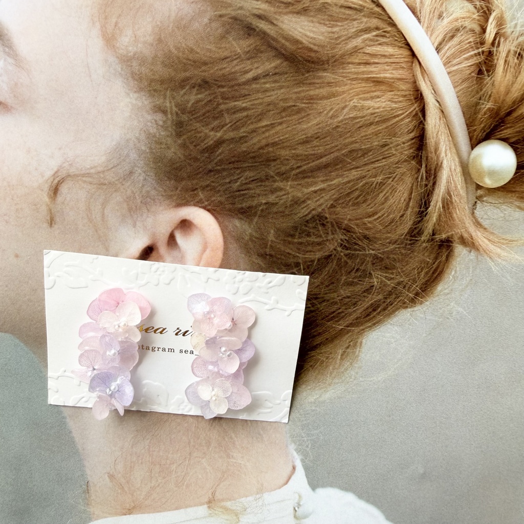 no.308 紫陽花連なるピアス 本物のお花 パステルライラックmix 紫陽花 パール サージカルステンレス ピアス