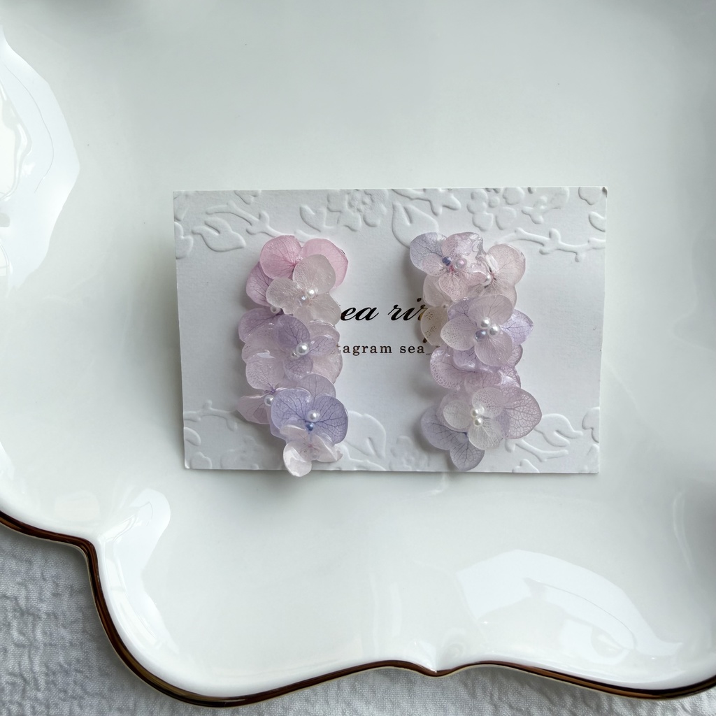 no.308 紫陽花連なるピアス 本物のお花 パステルライラックmix 紫陽花 パール サージカルステンレス ピアス