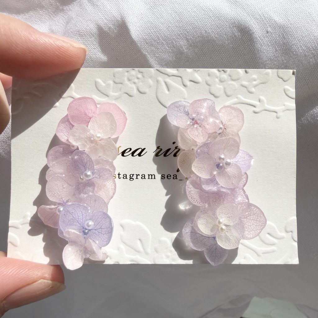 no.308  紫陽花連なるピアス  本物のお花  パステルライラックmix  紫陽花  パール  サージカルステンレス ピアス