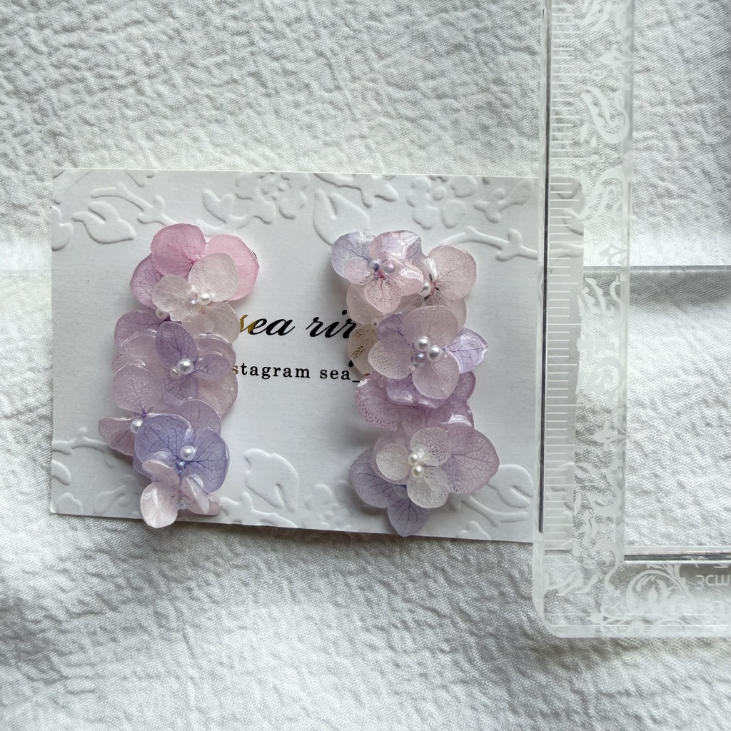 no.308 紫陽花連なるピアス 本物のお花 パステルライラックmix 紫陽花 パール サージカルステンレス ピアス