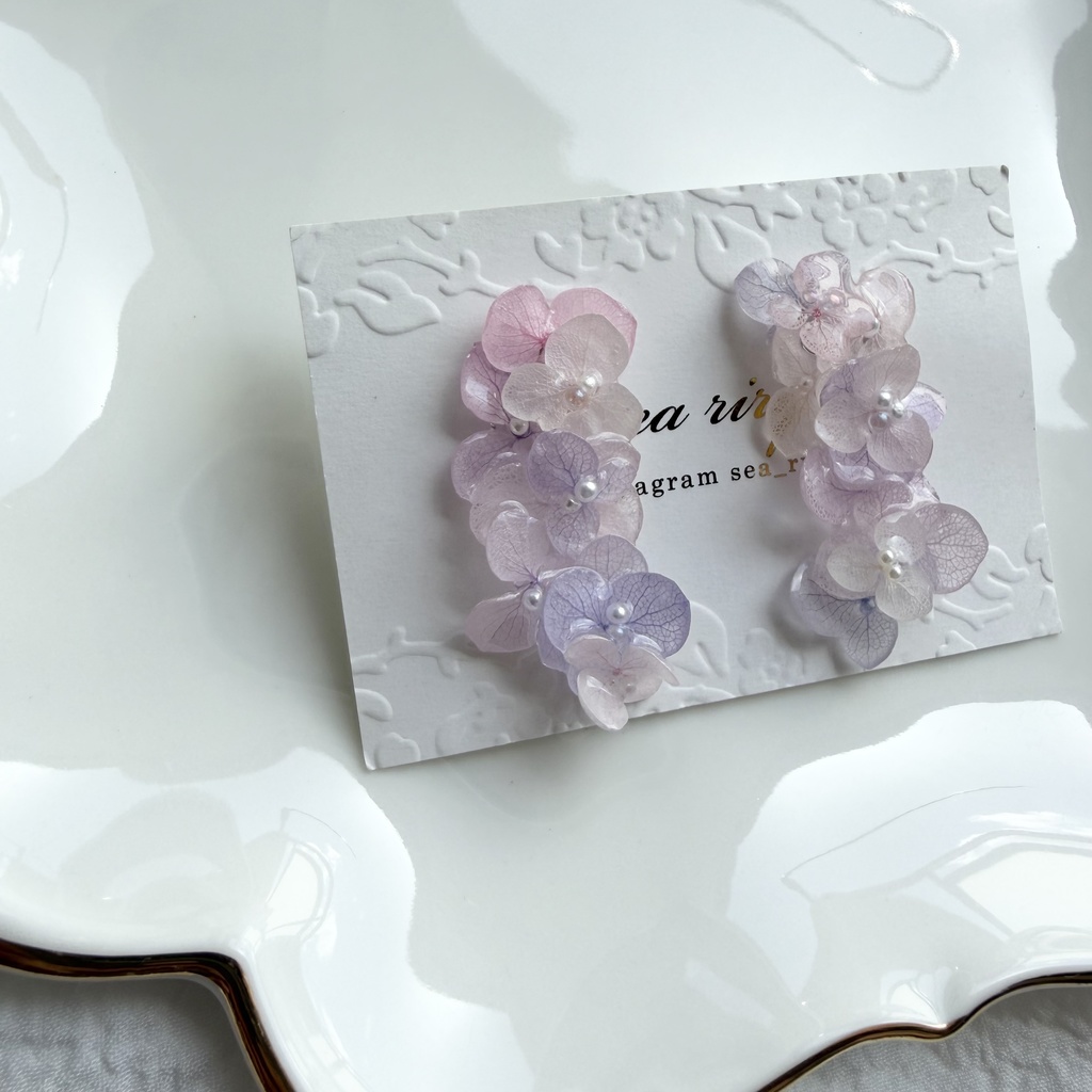 no.308 紫陽花連なるピアス 本物のお花 パステルライラックmix 紫陽花 パール サージカルステンレス ピアス