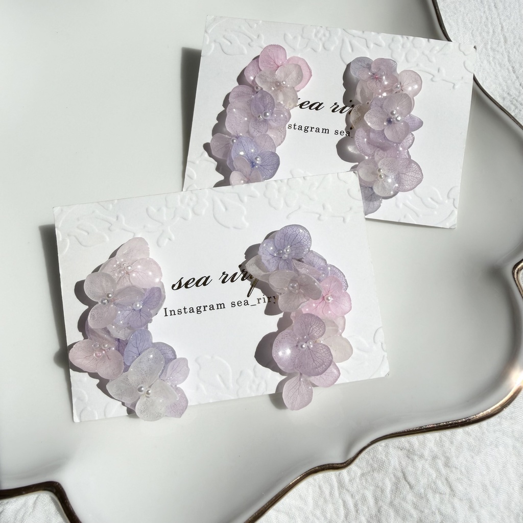 no.308 紫陽花連なるピアス 本物のお花 パステルライラックmix 紫陽花 パール サージカルステンレス ピアス