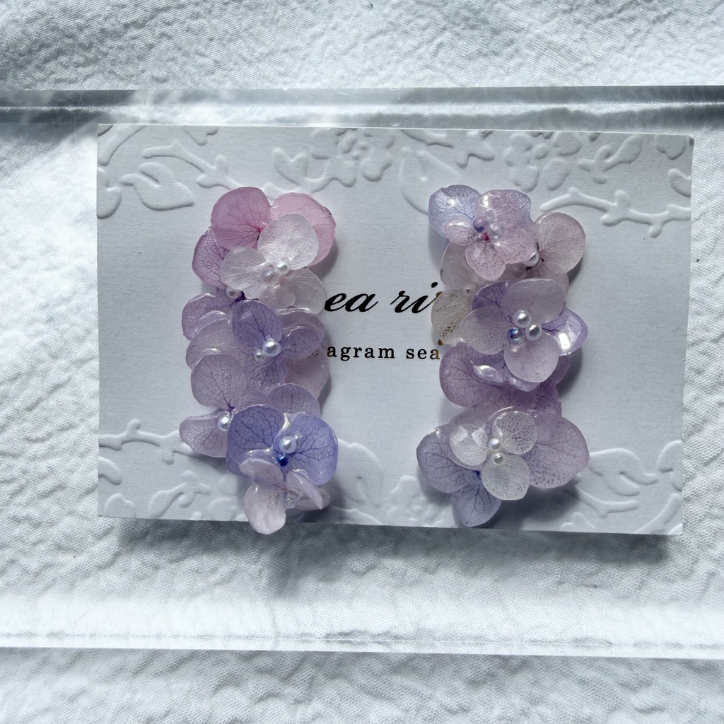 no.308 紫陽花連なるピアス 本物のお花 パステルライラックmix 紫陽花 パール サージカルステンレス ピアス