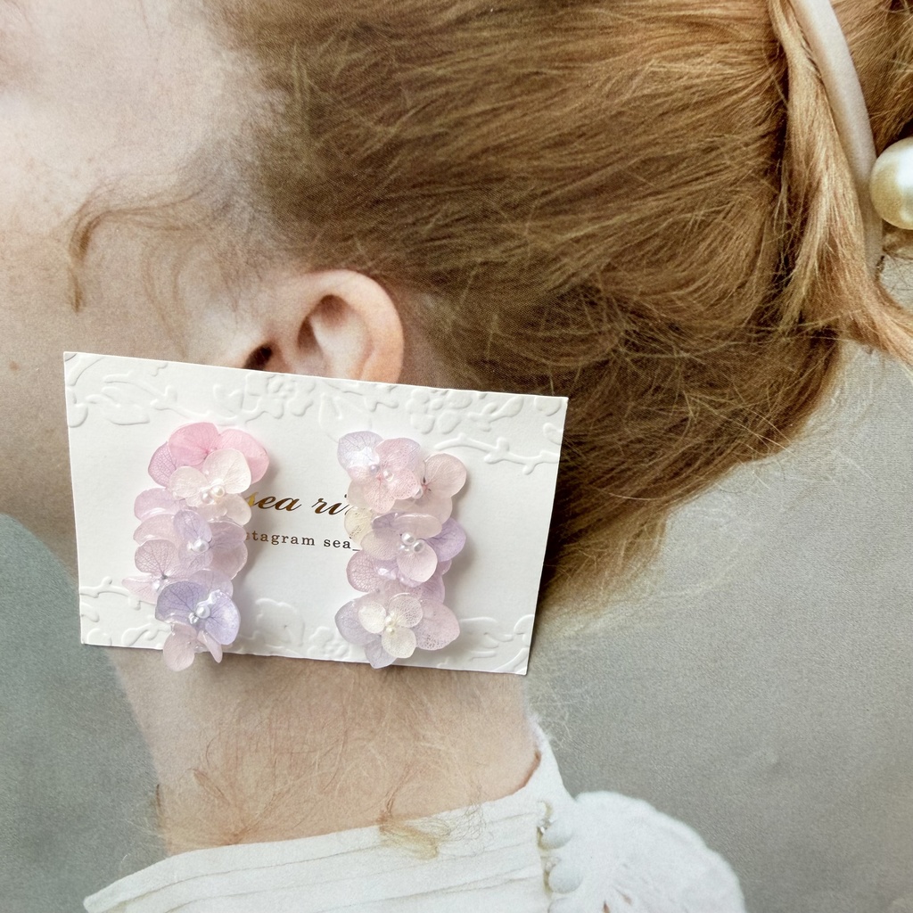 no.308 紫陽花連なるピアス 本物のお花 パステルライラックmix 紫陽花 パール サージカルステンレス ピアス