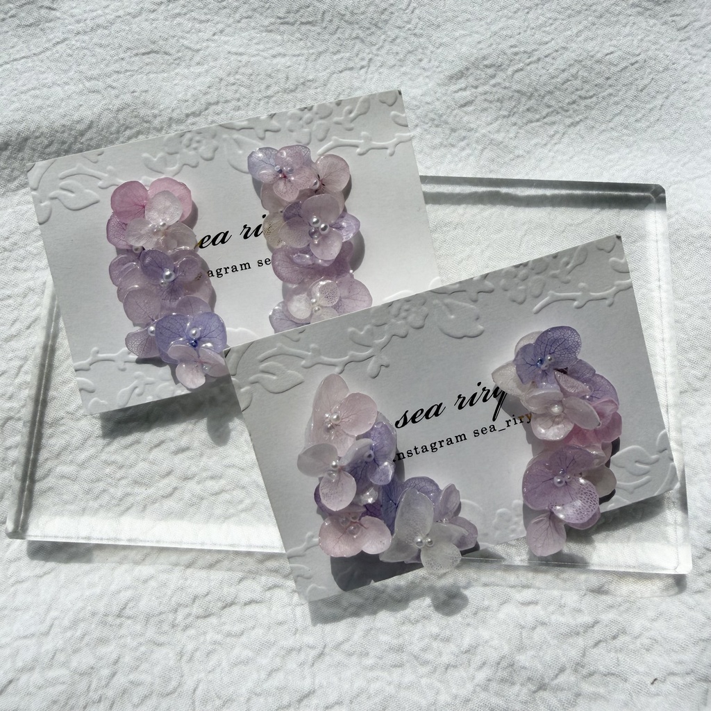 no.308 紫陽花連なるピアス 本物のお花 パステルライラックmix 紫陽花 パール サージカルステンレス ピアス