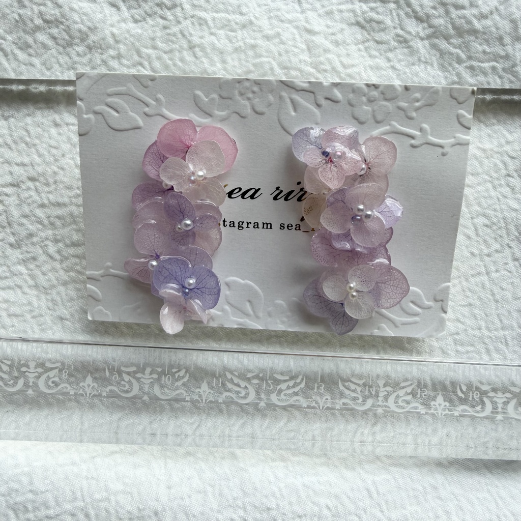 no.308 紫陽花連なるピアス 本物のお花 パステルライラックmix 紫陽花 パール サージカルステンレス ピアス