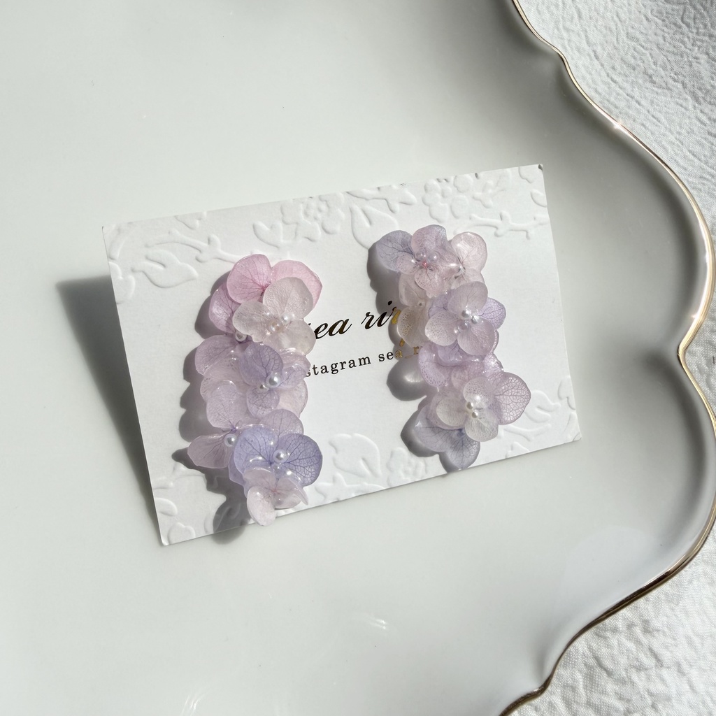 no.308 紫陽花連なるピアス 本物のお花 パステルライラックmix 紫陽花 パール サージカルステンレス ピアス