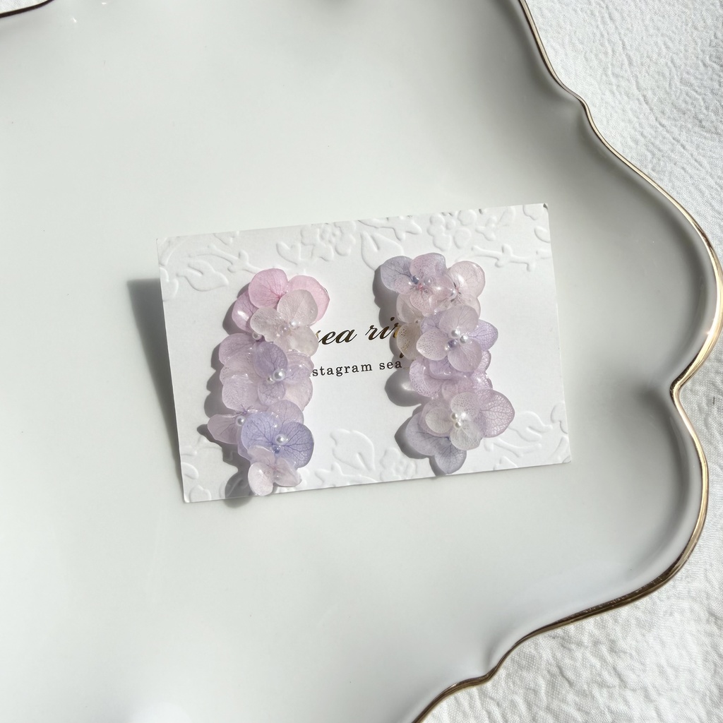 no.308 紫陽花連なるピアス 本物のお花 パステルライラックmix 紫陽花 パール サージカルステンレス ピアス