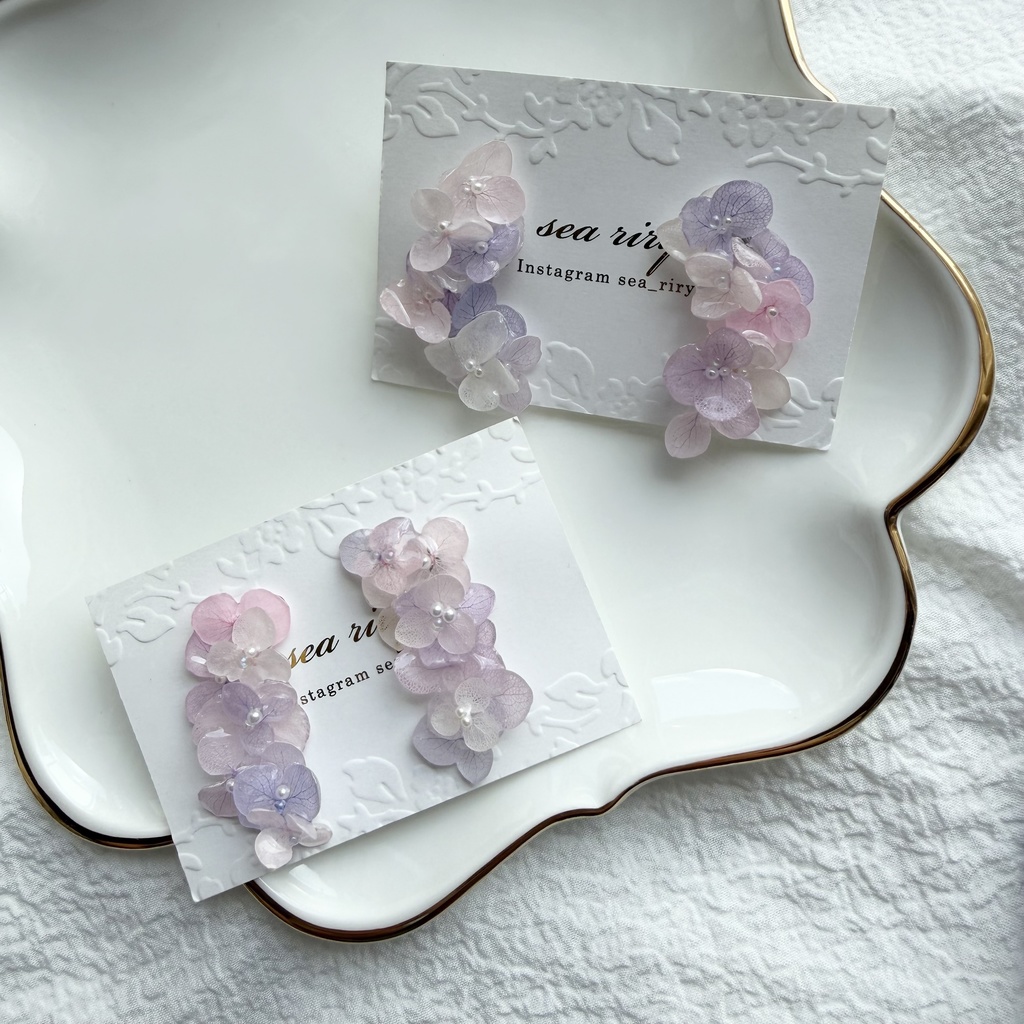 no.308 紫陽花連なるピアス 本物のお花 パステルライラックmix 紫陽花 パール サージカルステンレス ピアス